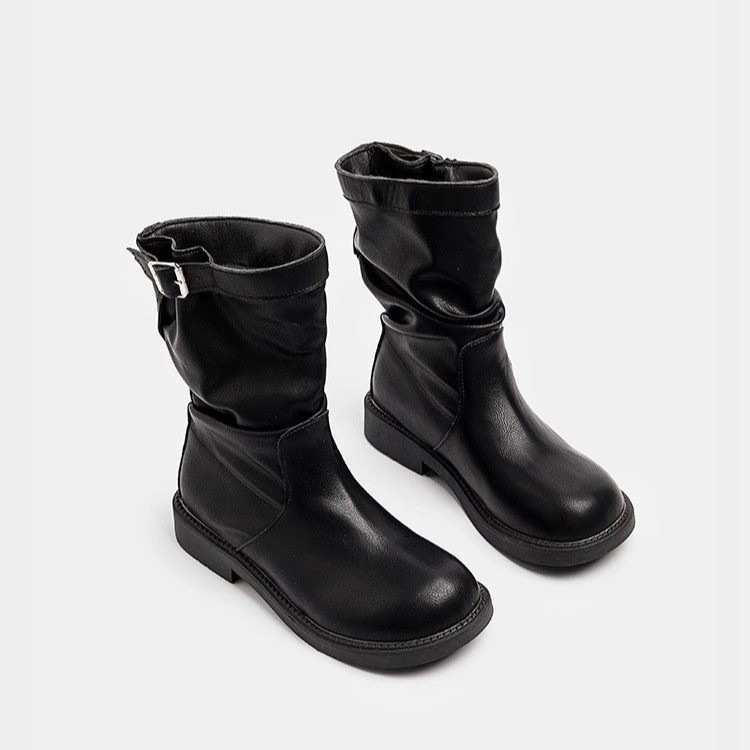 Korean Style Spring/Autumn Brown Round Toe Pleated Mid Calf Martin Boots.
