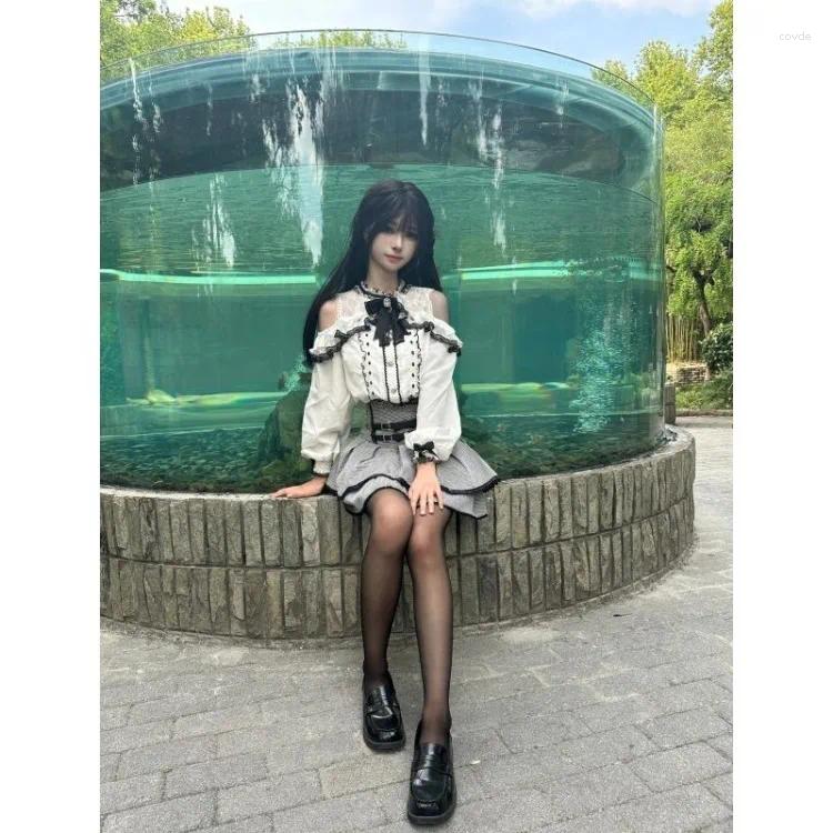 Off Shoulder Lace Long Sleeve Bow Top & Ruched Skirt Set - Sweet Lolita Y2k Style Women's Work Dress For Early Autumn