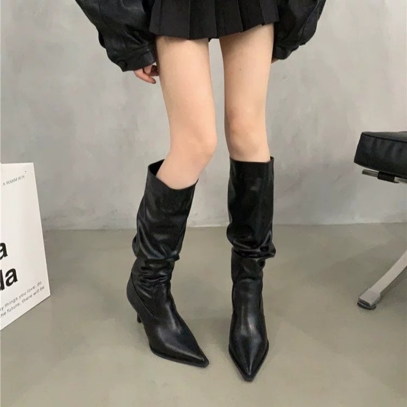Pointed Pleated For Women In Autumn 2024 Trendy Thin Stacked High Heel Below Knee Long Barrel Boots