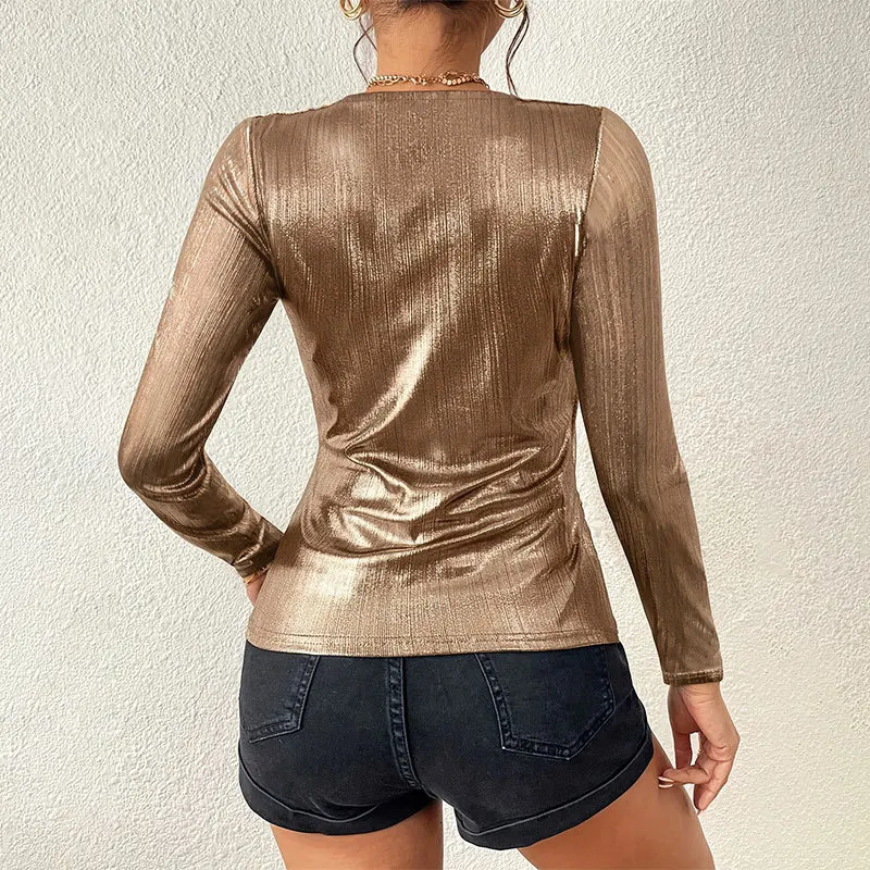 Elegant Party Style Vneck Glossy Pleated Top Summer Womens n Sense Gold Long Sleeved Tshirt 241115