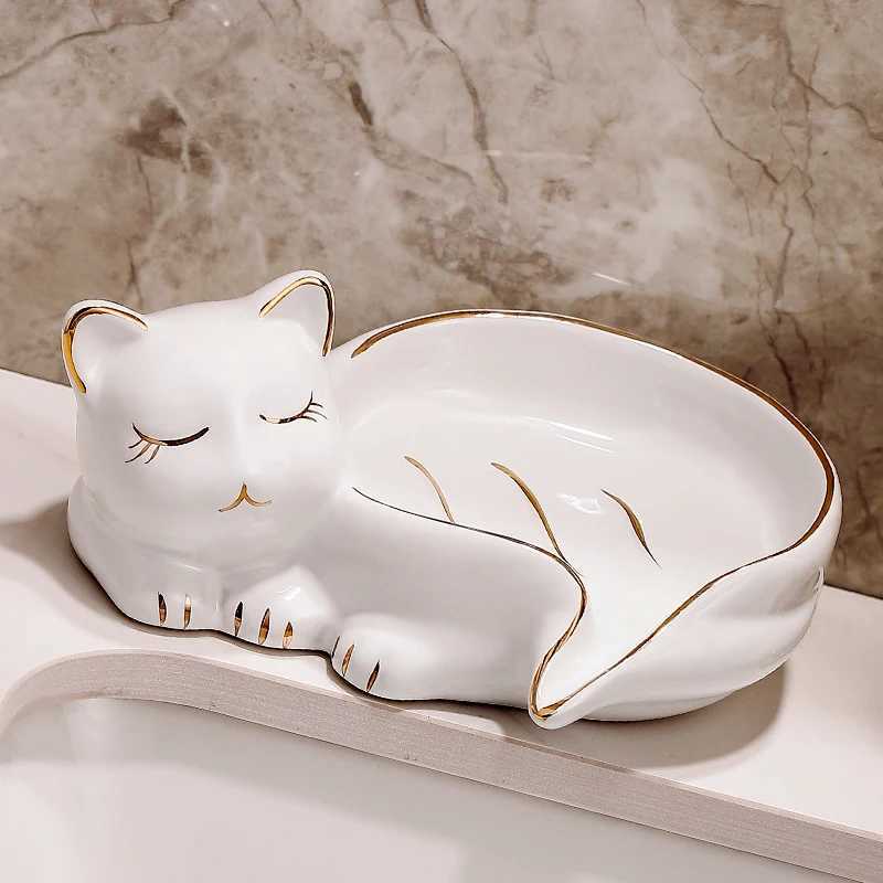 es Cartoon Cute Ceramic Soap Dish Cat Shape Soap Box with Drain Water Soap Box Wash Basin Drainage Shelf Bathroom Accessories 2024 S2411152