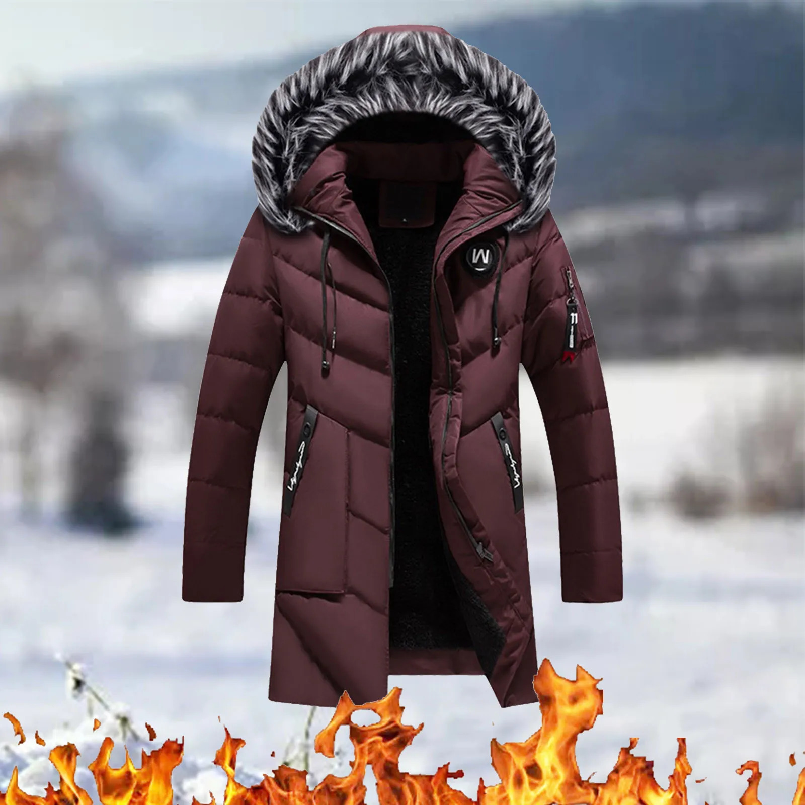 Mens Windbreaker Thick Fleece Winter Jacket Fashion Fur Hooded Warm Parka Male Solid Outwear Coats Plus Size 241115