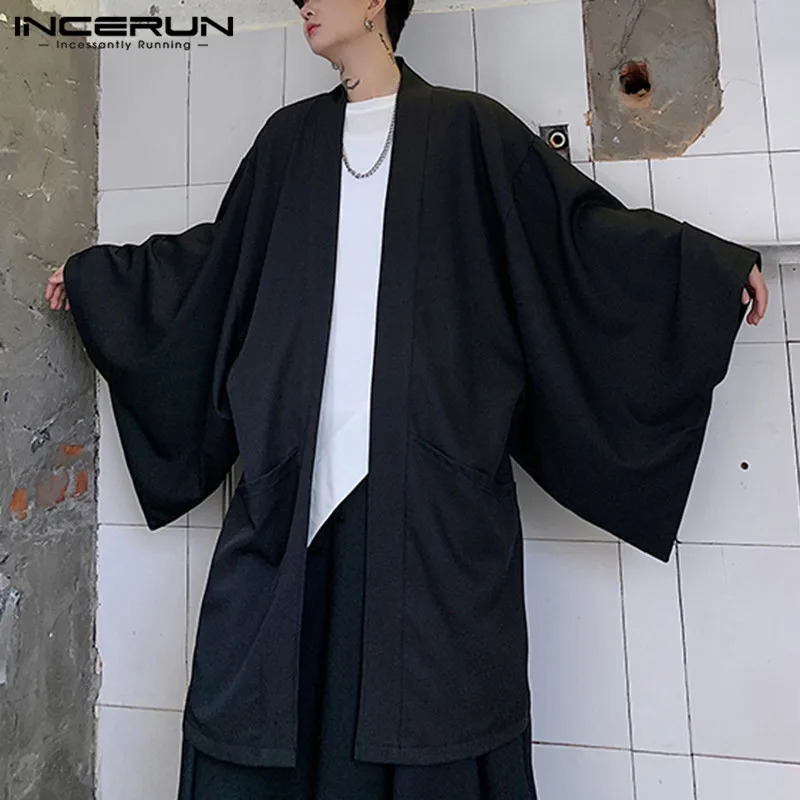 Mens Open Collar Loose Long Sleeve Street Clothing Ditch Fashion Retro Punk Solid Coat Cloak INCERUN 5XL 241115