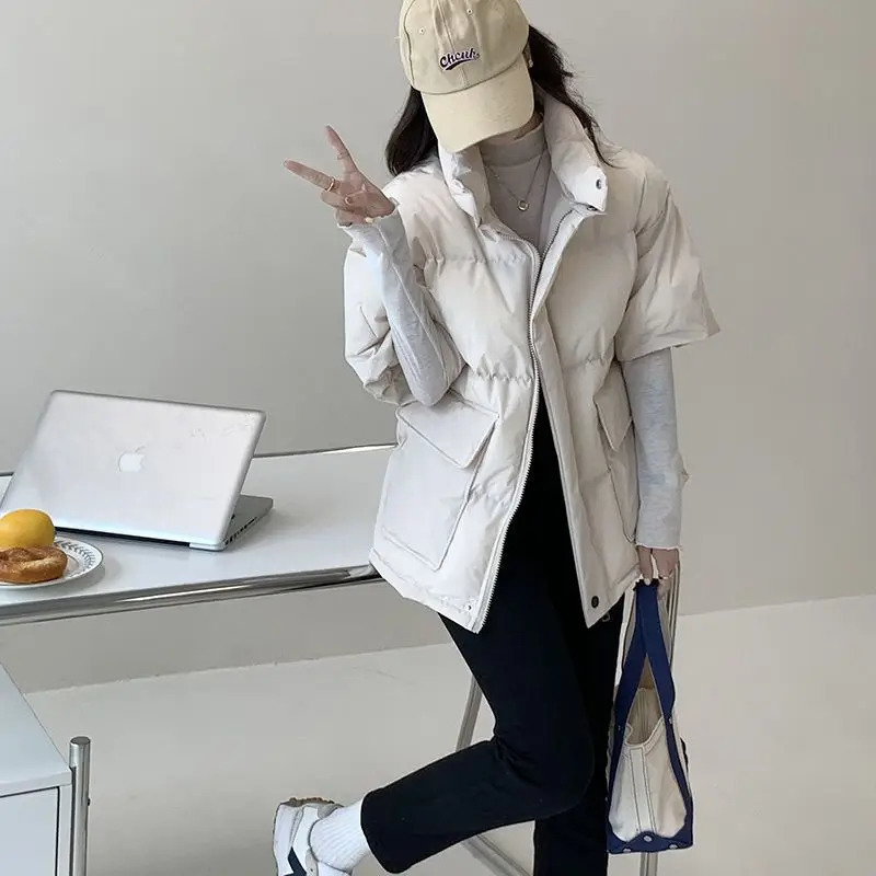 Cotton Padded Puffer Vest Half Sleeve Down Winter Jacket Women Short Sleeve Vest Autumn Spring Coat 241114