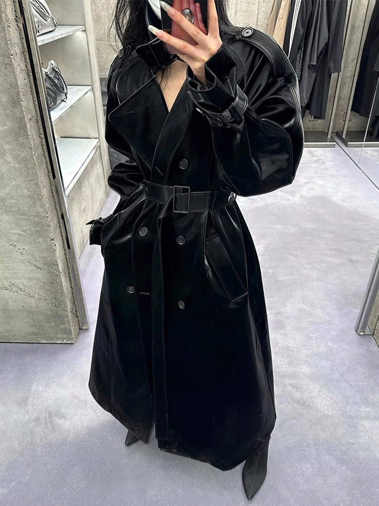 Lautaro Spring Autumn Long Oversized Cool Reflective Shiny Black Patent Leather Trench Coat for Women Belt Runway Fashion 241115