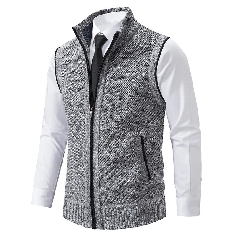 Mens Knitted Sleeveless Sweater Cardigan Zipper Vest Casual Warm Jacket Slim Fit Stand Collar Sweatercoat 241114