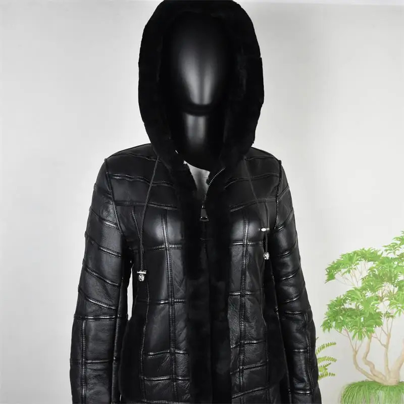 Real Sheep Skin Fur Splicing Winter Extended Tops Warm Leather Coat Women Vest Clothing Hat Sheepskin Long 241115