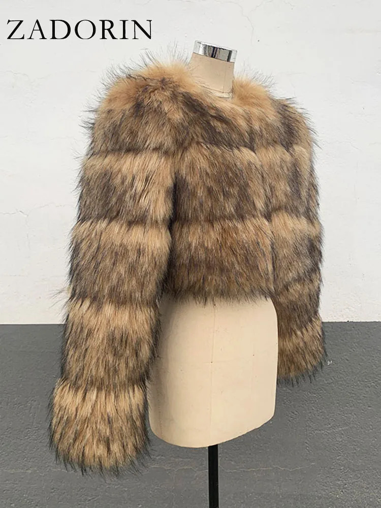 ZADORIN High Quality Cropped Faux Raccoon Fur Coat Women Winter Fashion O Neck Long Sleeve Fluffy Short Faux Fur Jacket Crop Top 241115