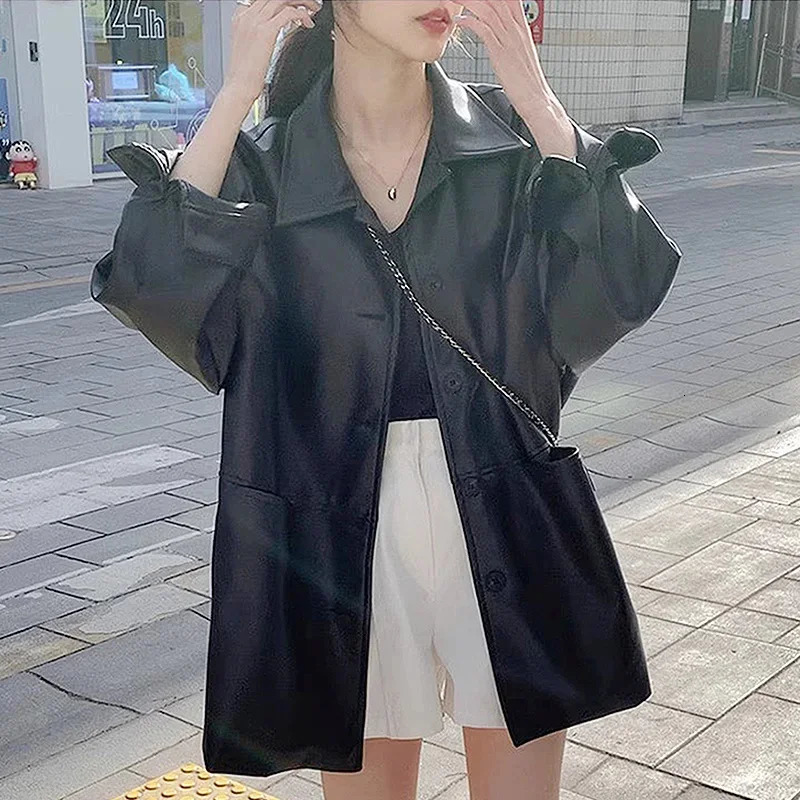 Korean Pu Leather Soft Black Jackets Long Sleeve Waterproof Coats Streetwear Retro Oversized Turn Down Collar Suits For Women 241115