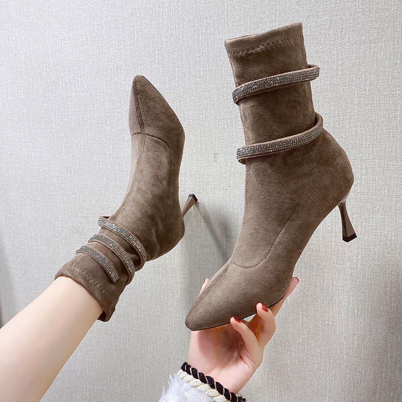 Suede Rhie Snake Shaped Winding Belt Short Autumn Winter New New Black Pointed High Heels Ankle Boots Size 34-39