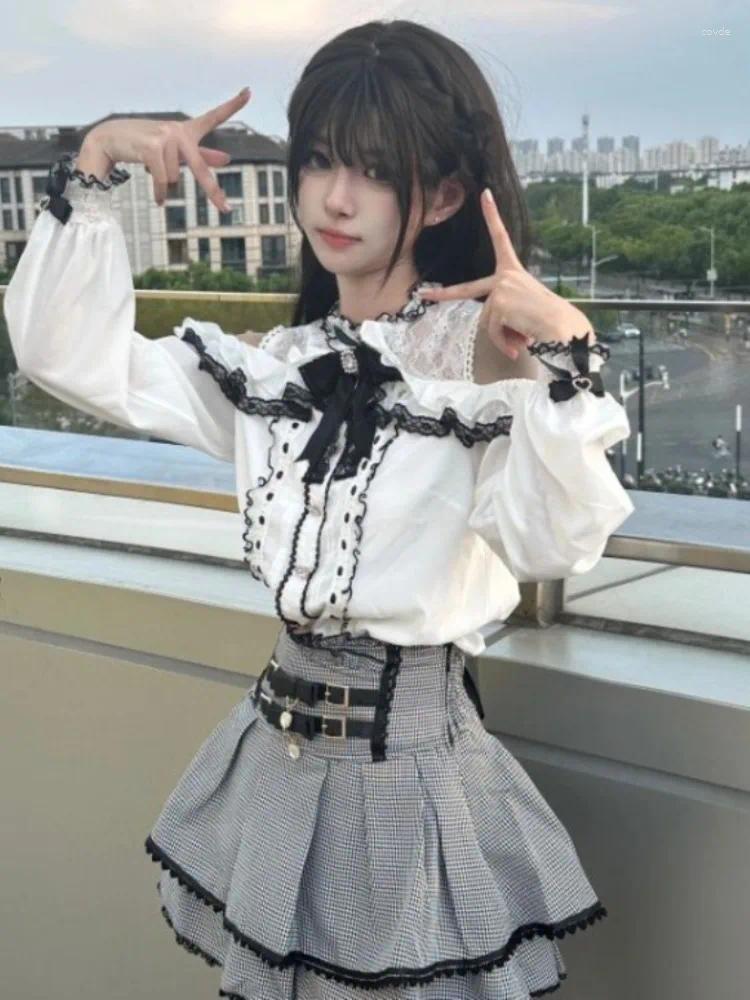Off Shoulder Lace Long Sleeve Bow Top & Ruched Skirt Set - Sweet Lolita Y2k Style Women's Work Dress For Early Autumn