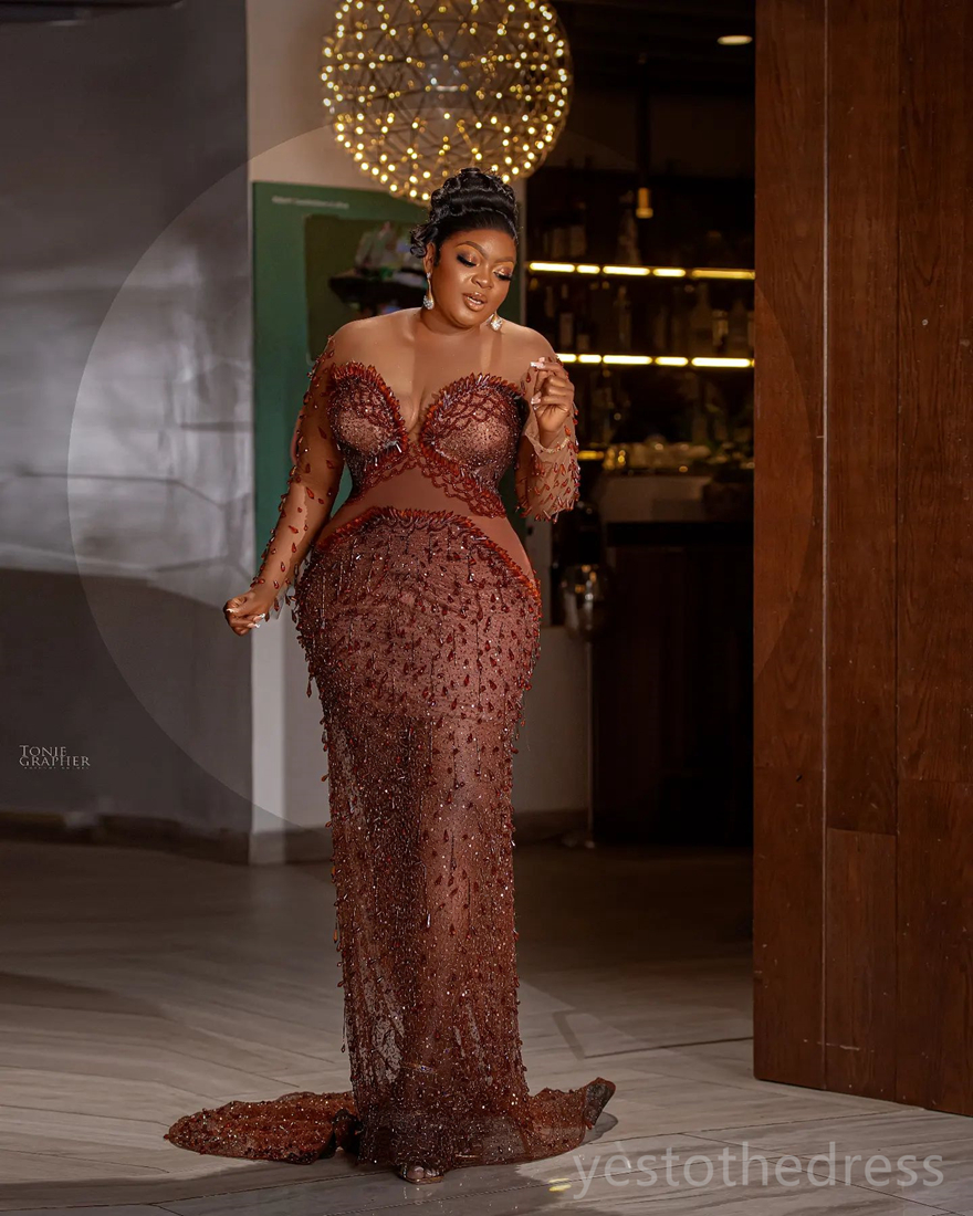 2024 Plus Size Aso Ebi Prom Dresses for Black Women Chocolate Illusion Sheer Neck Formal Gowns Crystals Beading Tassel Luxury Birthday Dress Reception