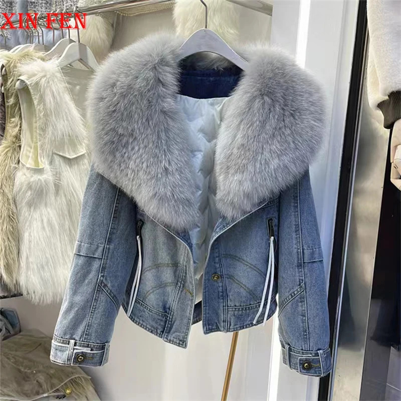 2023 s Fashion Denim Goose Down Big Fur Collar Detachable Filling Lnner Lining High End Jacket 241115