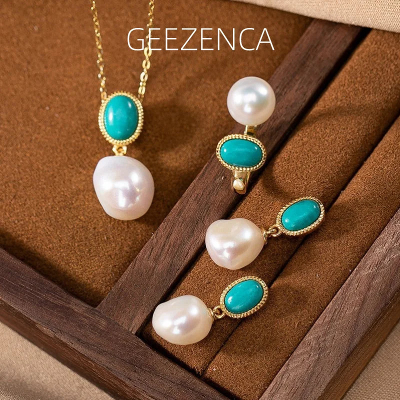 925 sterling silver Baroque pearl turquoise gold-plated jewelry set with earrings pendant necklace ring simple and fashionable womens gift 241115
