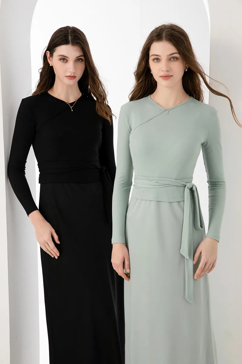 AS 2024 woman clothing high Strectch ribbing closedfit wrap tops Matte Satin dress Maxi Ankle Floor Length matching sets 240402