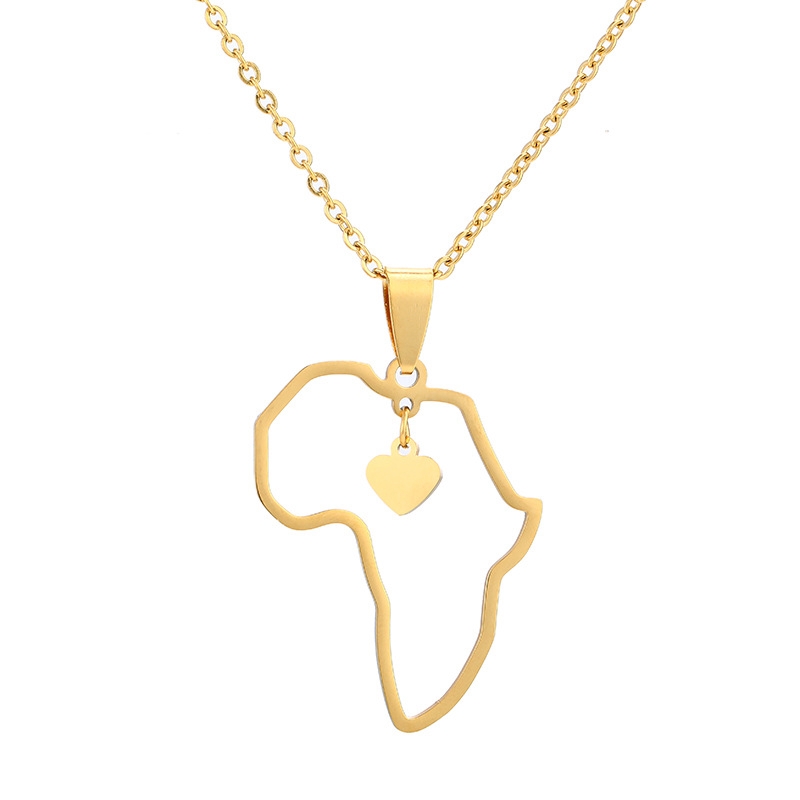 10PCS Africa Map with Small Heart Necklace African Religious Amulet Pendant Necklaces Stainless Steel Collar Choker
