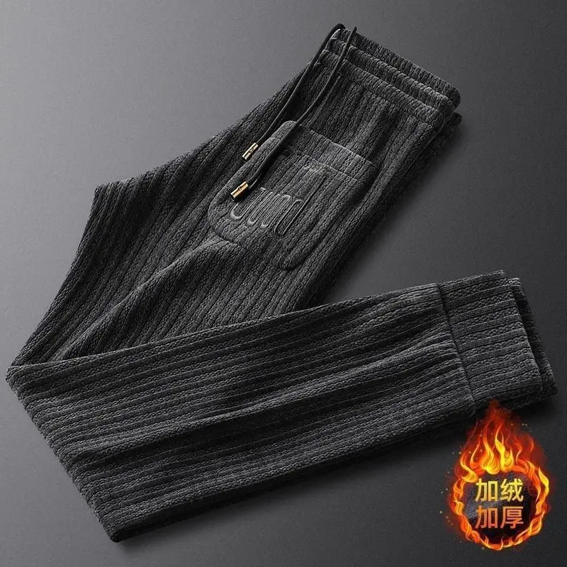 Autumn and Winter Fashion Mens Plus Velvet Thick Solid Color Pants Warm Ultra Thin Brushed Middle Waist Trouthers Clothing 241115