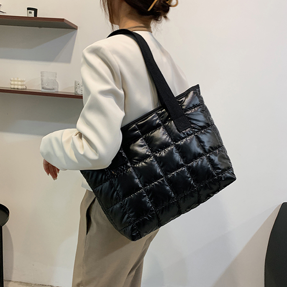 Women Fashion Solid Color Shopper Casual Soft Nylon Lady Handbags Winter Capacity Quilted Shoulder Bags For Female