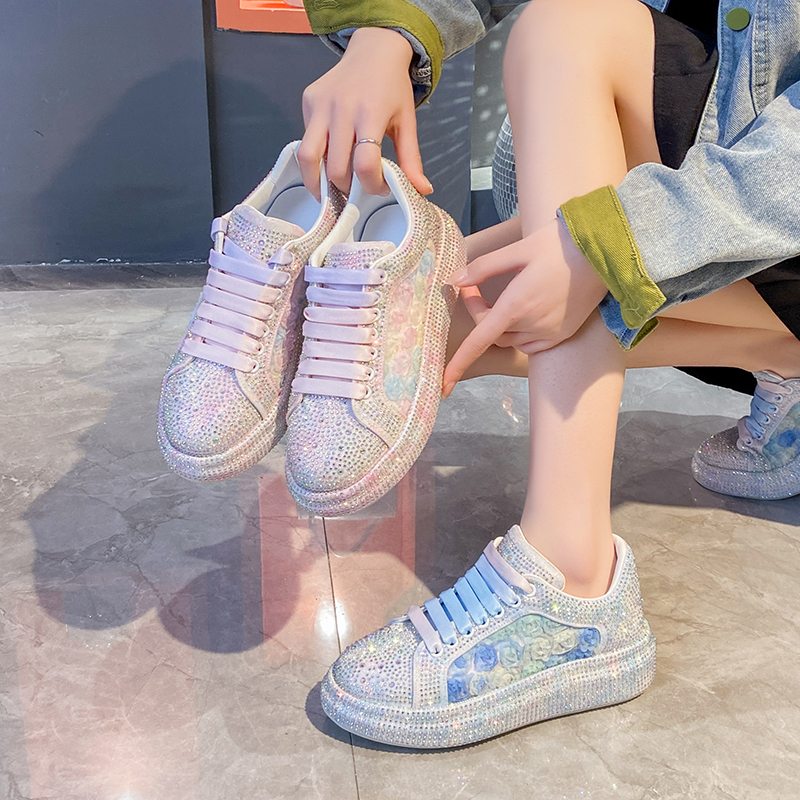 2025 Autumn Women's Shoes New Fashionable Pink Thick soled Shoes Designer Sports Shoes Luxury Flat Shoes Fashionable Shining Water Diamond Shoes