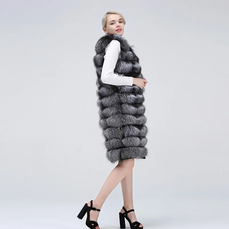 100 Genuine Winter Long Real Silver Fur Stripes Vest Collar Sleeveless Coat Clothing Women Extended 241115