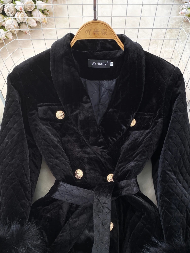 XFPV Womens Velvet Feather Lace Korean Double Chest Jacket with Collar and Long Sleeve Warm Coat Winter SM9917 241115