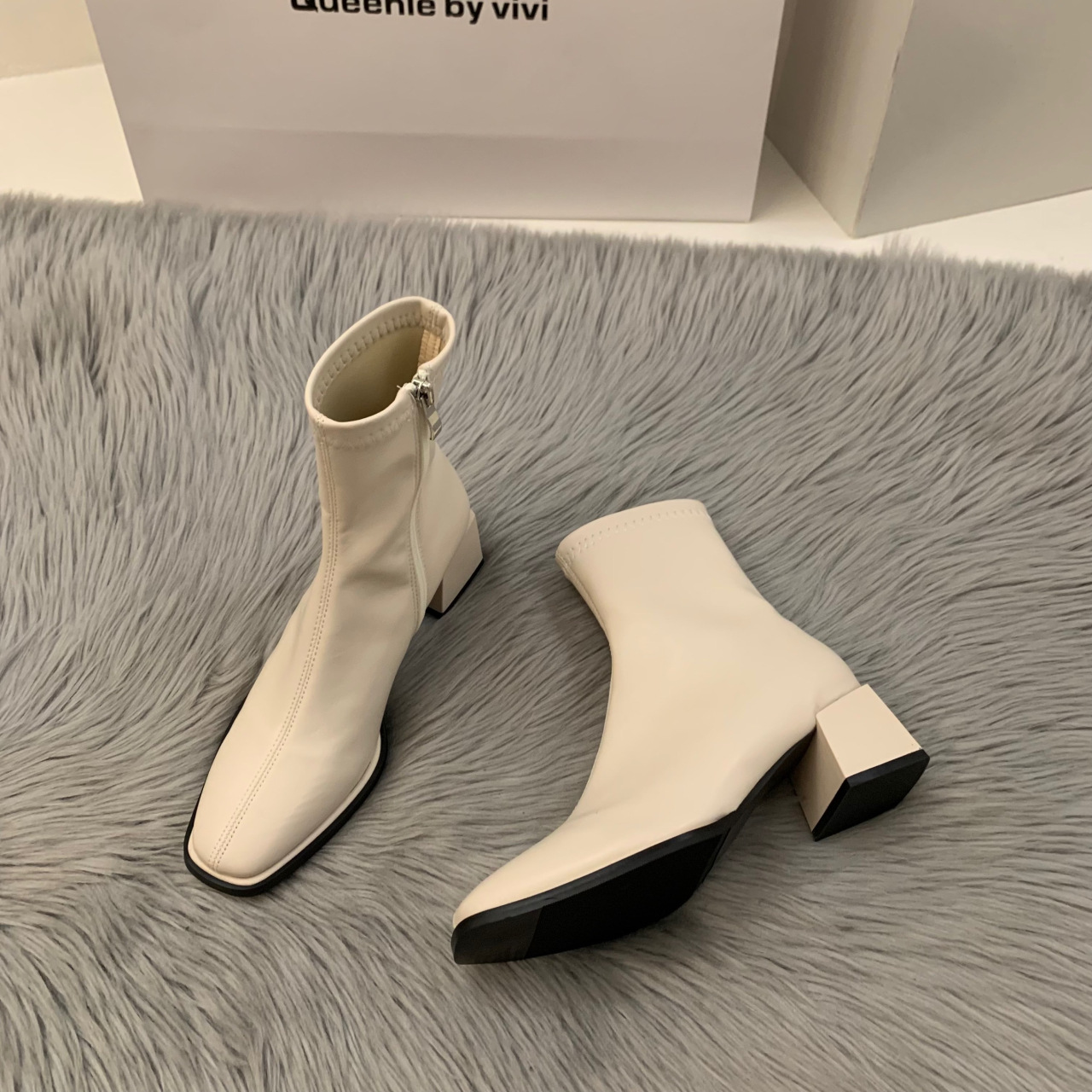 French Velvet New White Square Toe Short Boots.