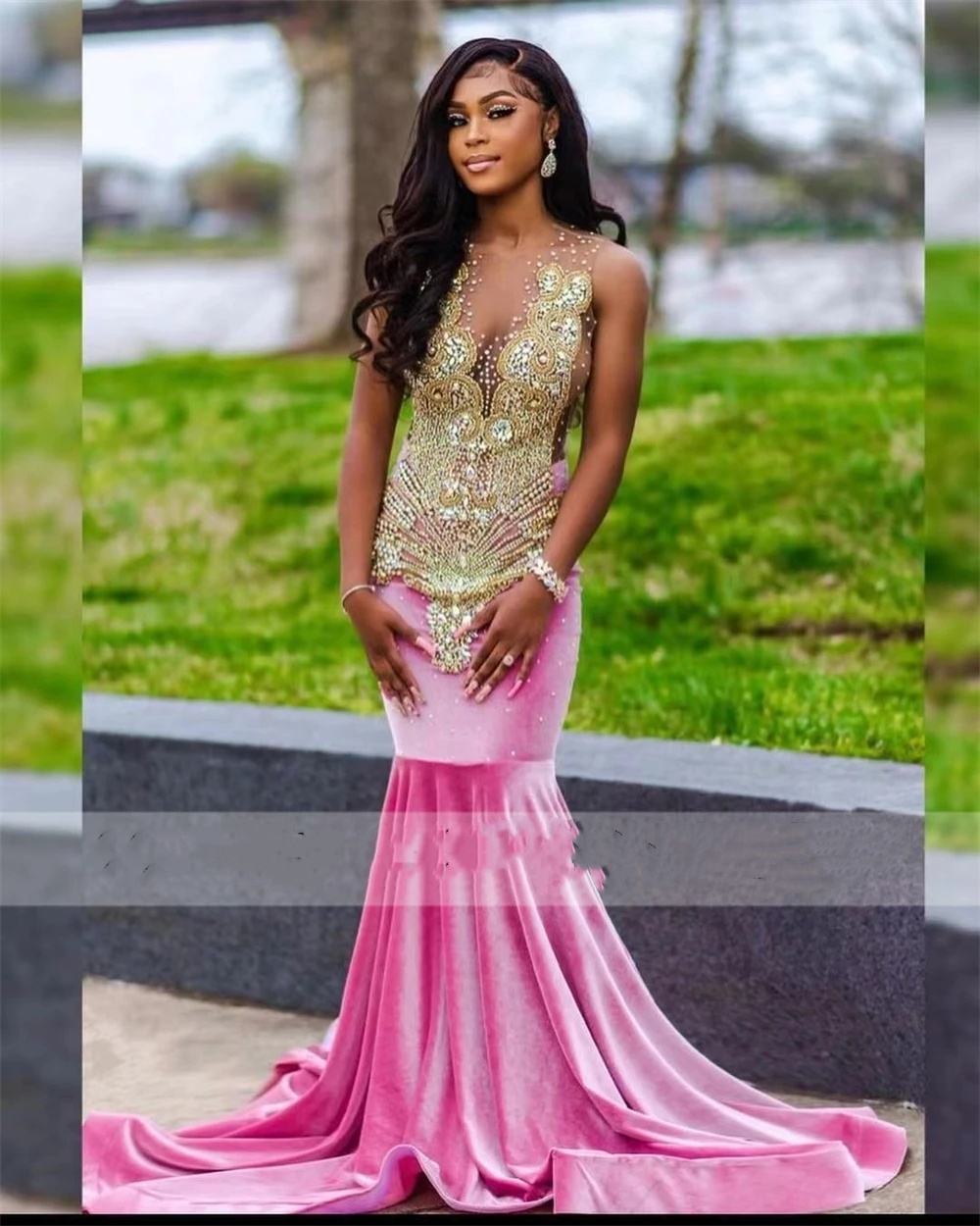 Pink Veet Golden Rhinestones Mermaid Prom Dresses 2024 For Black Girls Special Ocn Africa Wed Robe De Gala 0431