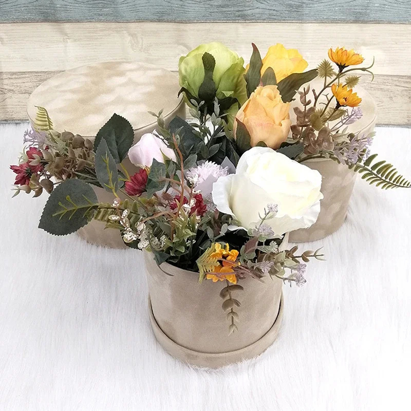 3 pieces/set of circular velvet gift box flower holder bucket gift packaging box Bouquet packaging box party supplies 241115
