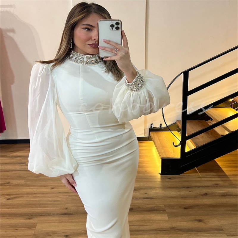 Modern White Midi Evening Dresses With Beaded High Neck Long Sleeve Prom Dress Holiday Cocktail Party Formal Dress Homecoming Graduation Vestio De Gal