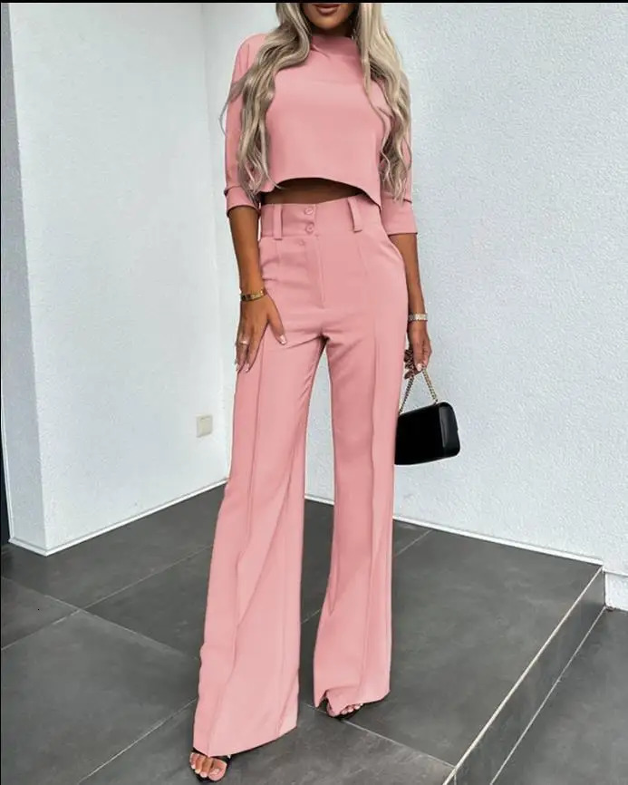 Fashion Womens Elegant Small High Neck Casual Shorts Top Pocket Micro Horn Pants Set 240408