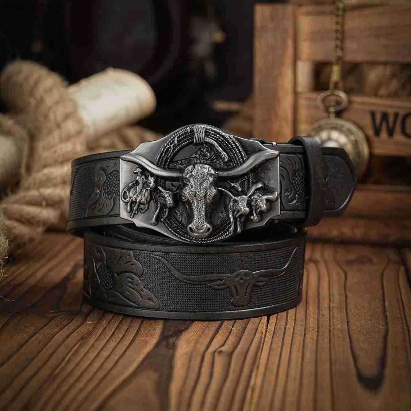 Belts Western Cowboy PU Leather Belt - Men Waist Strap Bull Decoration Floral Engraved for Jeans L240910