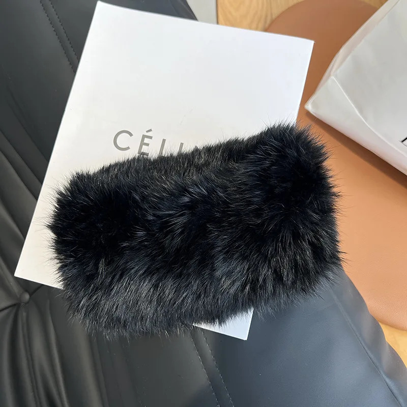 Womens Hand-Knitted Real Rabbit Fur Headband Knitted Fur Scarf Warm Empty Top Plush Hat Autumn and Winter Jewelry Accessories 241115