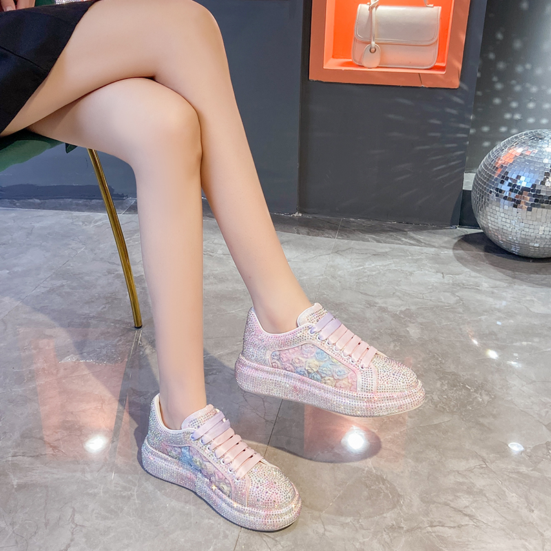 2025 Autumn Women's Shoes New Fashionable Pink Thick soled Shoes Designer Sports Shoes Luxury Flat Shoes Fashionable Shining Water Diamond Shoes