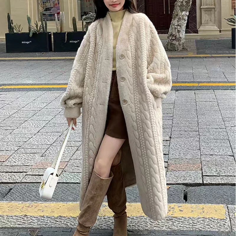 Women Fur Cardigan Thickened Long 2024Autumn Winter Vneck Jacket Female Loose Simple Leisure With Buttons Casual Faux Coat 241115
