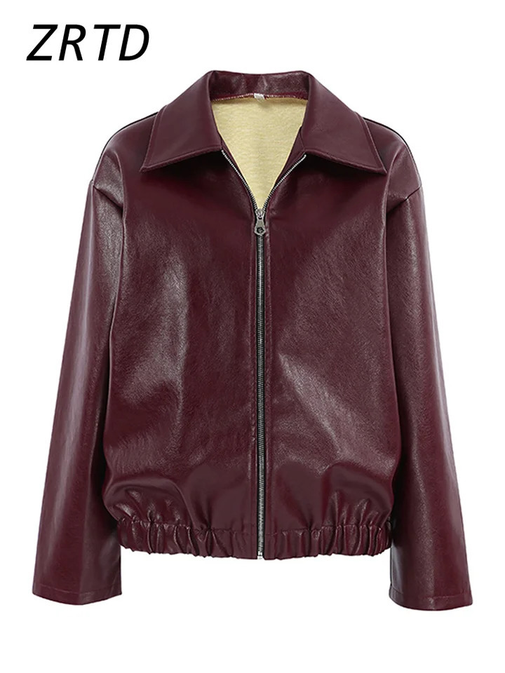 Elegant Burgundy Faux Leather Jacket Fashion Lapel Zipper Long Sleeve Female Coats 2024 Autumn Winter Lady Street Outwear 241115