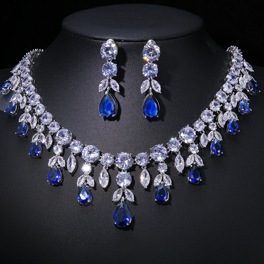 Emmaya Zircon Bling Square Drop Deep Blue Cubic Zircon Necklace and Earrings Womens Party Jewelry Set 241115
