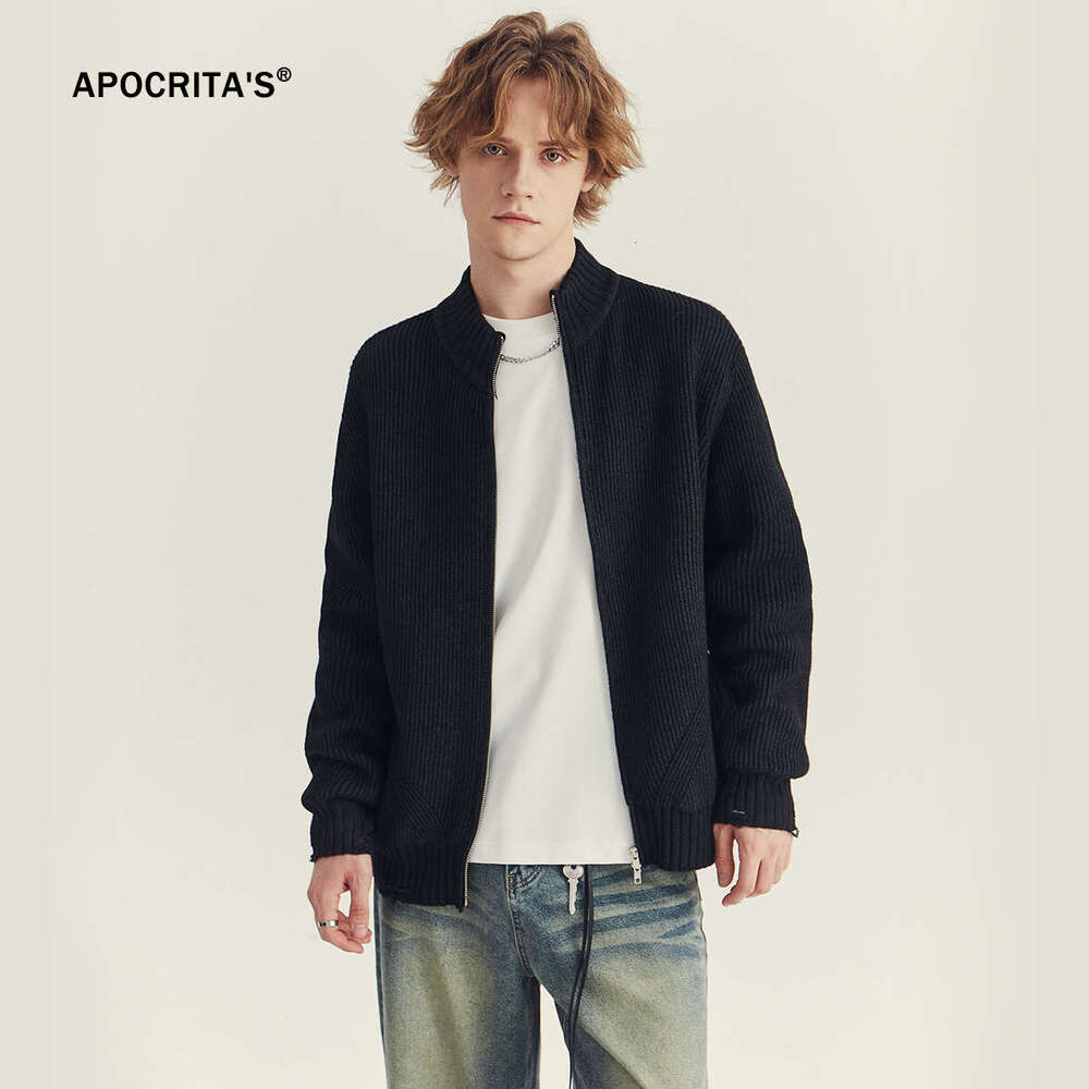 APO Wear | Autumn And Winter New Knitted Open Coat Men's Trendy Brand Lazy Style Loose Zipper Piercing Sweater