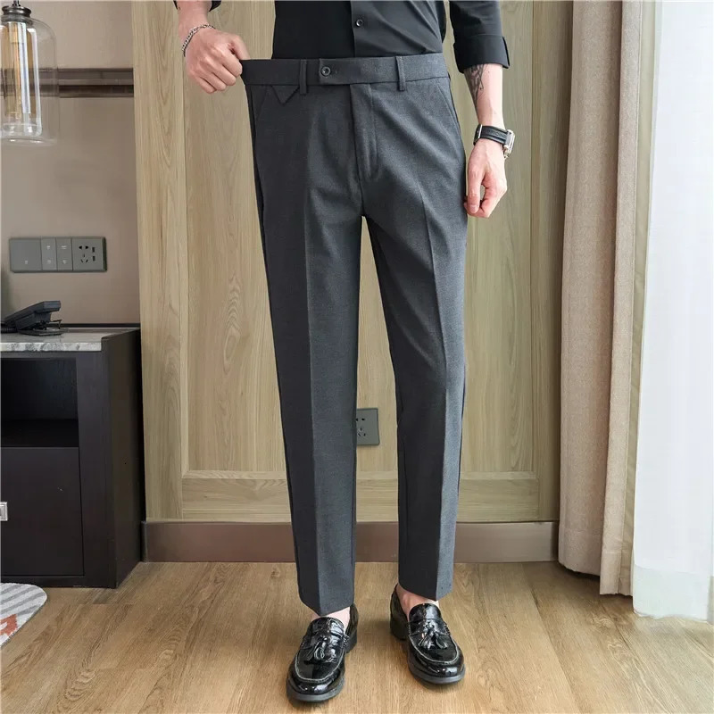Mens set pants spring elastic waist solid slim fit dress for office casual mens wear 241115