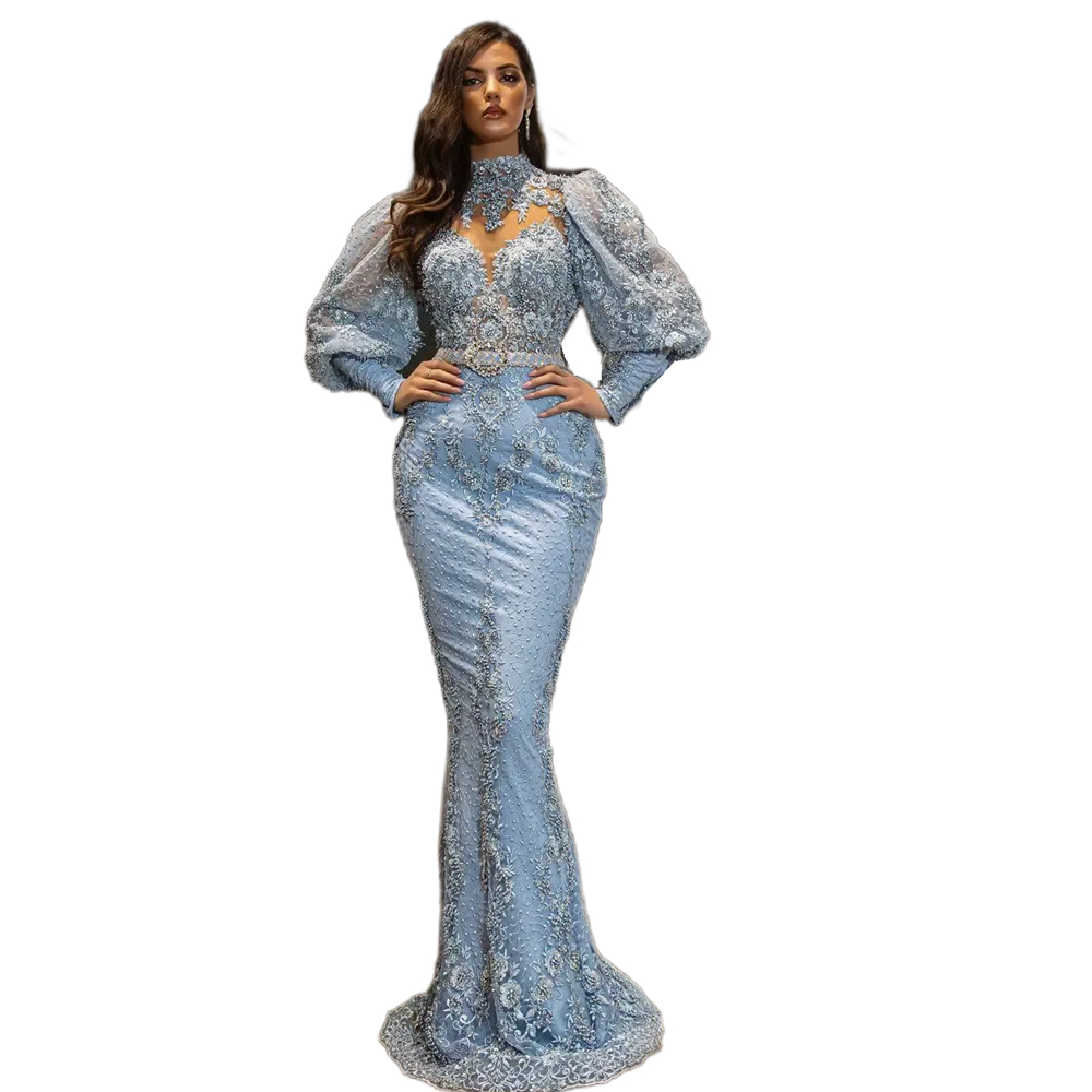 Beaded Lace Mermaid Prom Dresses High Neck Evening Formal Dress Light Sky Blue Puff Long Sleeves Elegant Reception Dress For Women