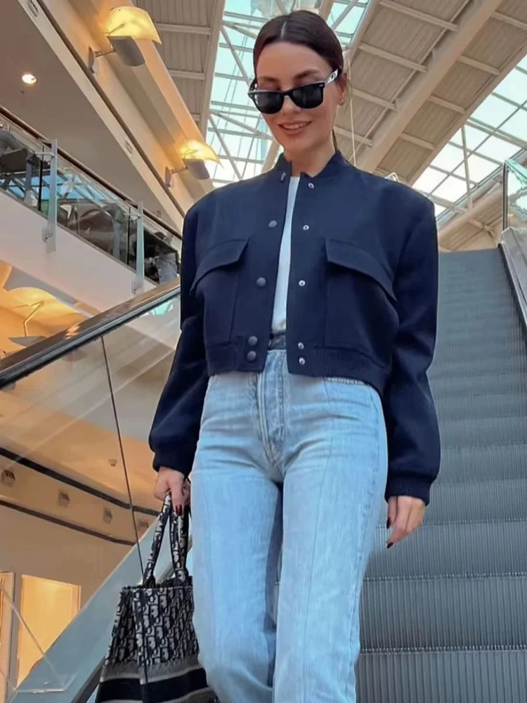 TRAF Womens Bomber Jacket White Autumn Winter Button Womens Fashion Long Sleeve Crop Coat 241115