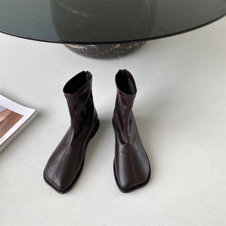 Women's Spring and Autumn Square Head Soft Leather Retro Martin Boots