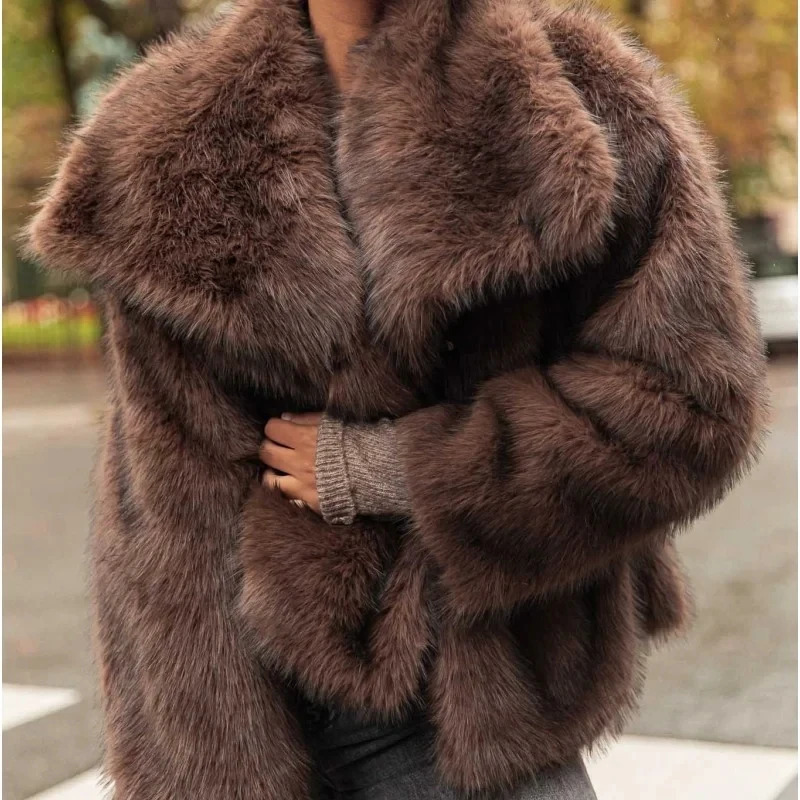 Fashion Furry Fluffy Faux Fur Coat Lapel Warm Jacket Solid Thickened Long Sleeve Plush Overcoat Lady Fall Winter 241115