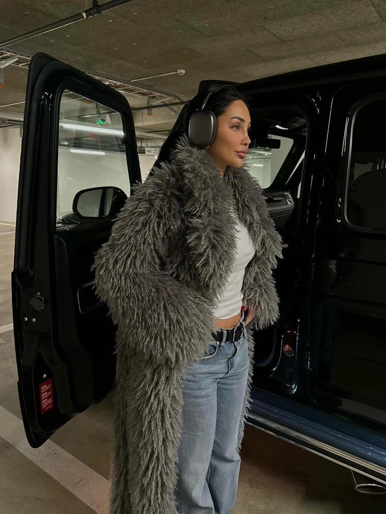 RR2868 Oversized XLong Faux Fur Coats For Women Mongolian Fluffy Pockets Winter Cotton Liner Long Jackets 241115