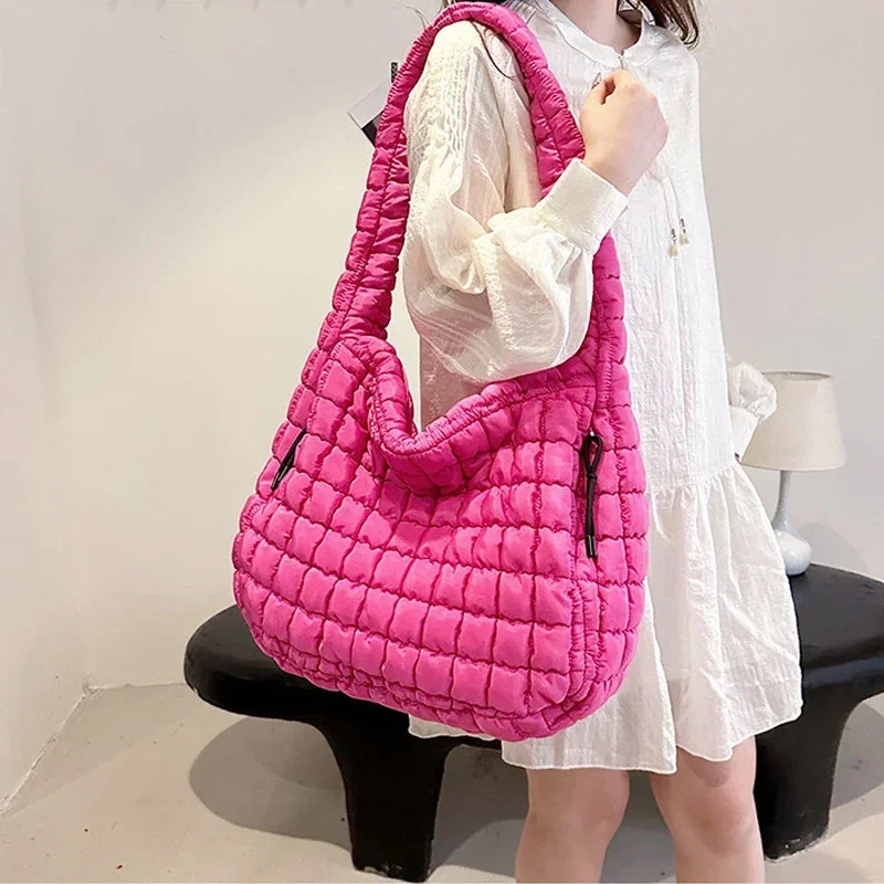 Casual Ruched Hobos Women Shoulder Bags Quilted Padded Crossbody Large Capacity Nylon Puffer Tote Bag Big Shopper Purses 241115