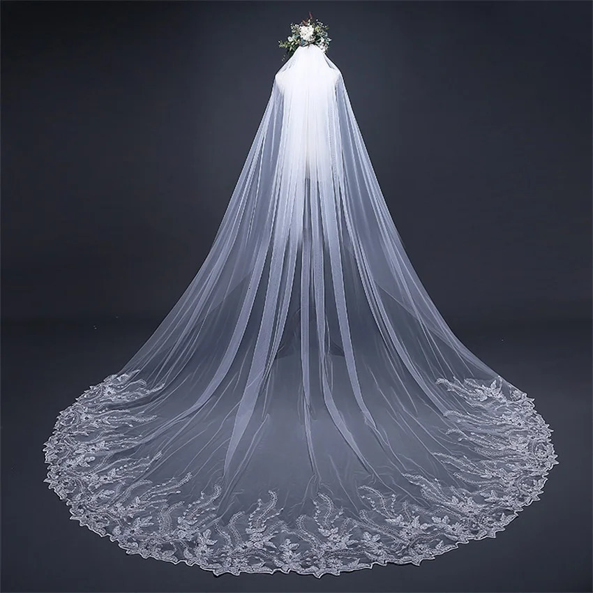 Long lace bridal veil with comb 3 meters 1 floor cathedral white Iovry wedding veil wedding accessories 241115
