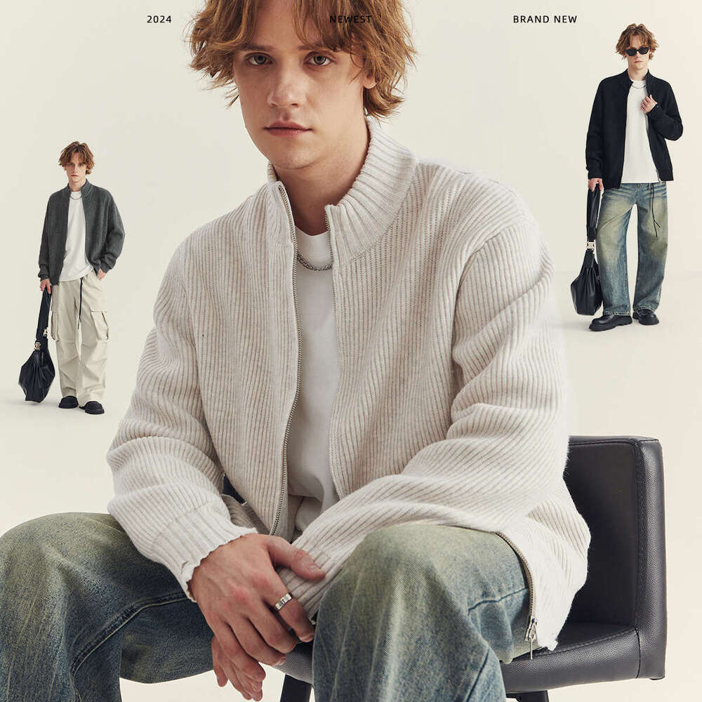 APO Wear | Autumn And Winter New Knitted Open Coat Men's Trendy Brand Lazy Style Loose Zipper Piercing Sweater