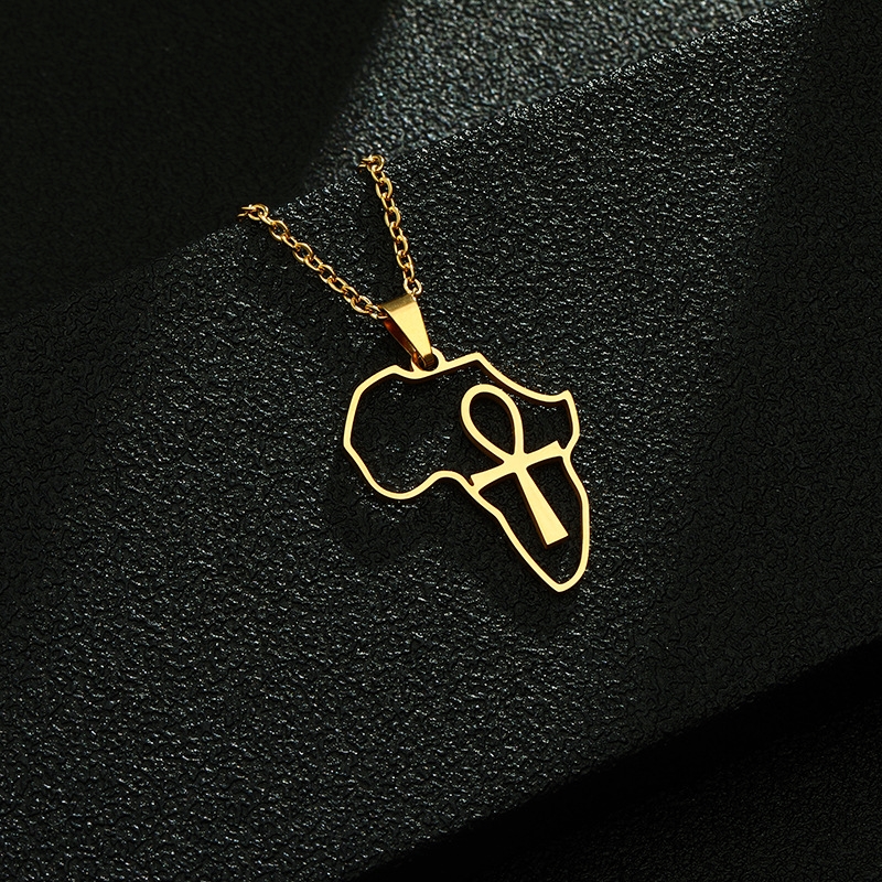 10PCS Africa Map with Anhe Egyptian Cross Necklace African Religious Amulet Pendant Ankh Crucifix Necklaces Stainless Steel Symbol of Life Cross Egypt