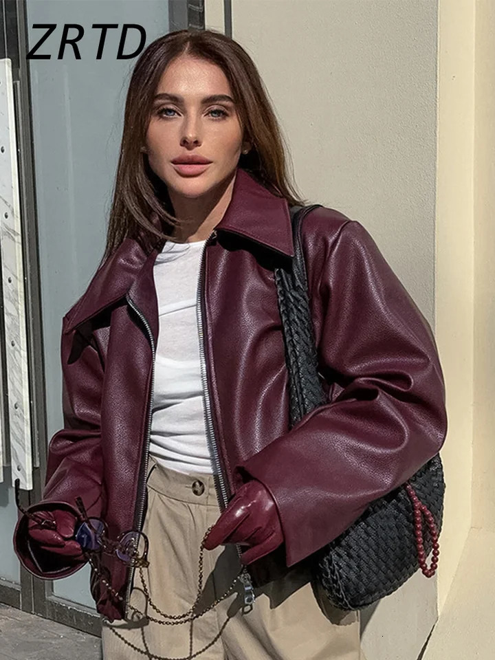 Elegant Burgundy Faux Leather Jacket Fashion Lapel Zipper Long Sleeve Female Coats 2024 Autumn Winter Lady Street Outwear 241115