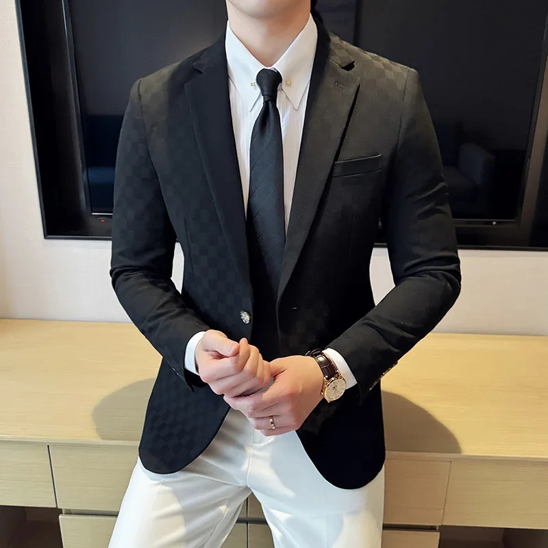 Spring Checkered Jacket Mens Single Chest Casual Business Set Jacket Fashion Ultra Thin Social Banquet Wedding Dress 241114