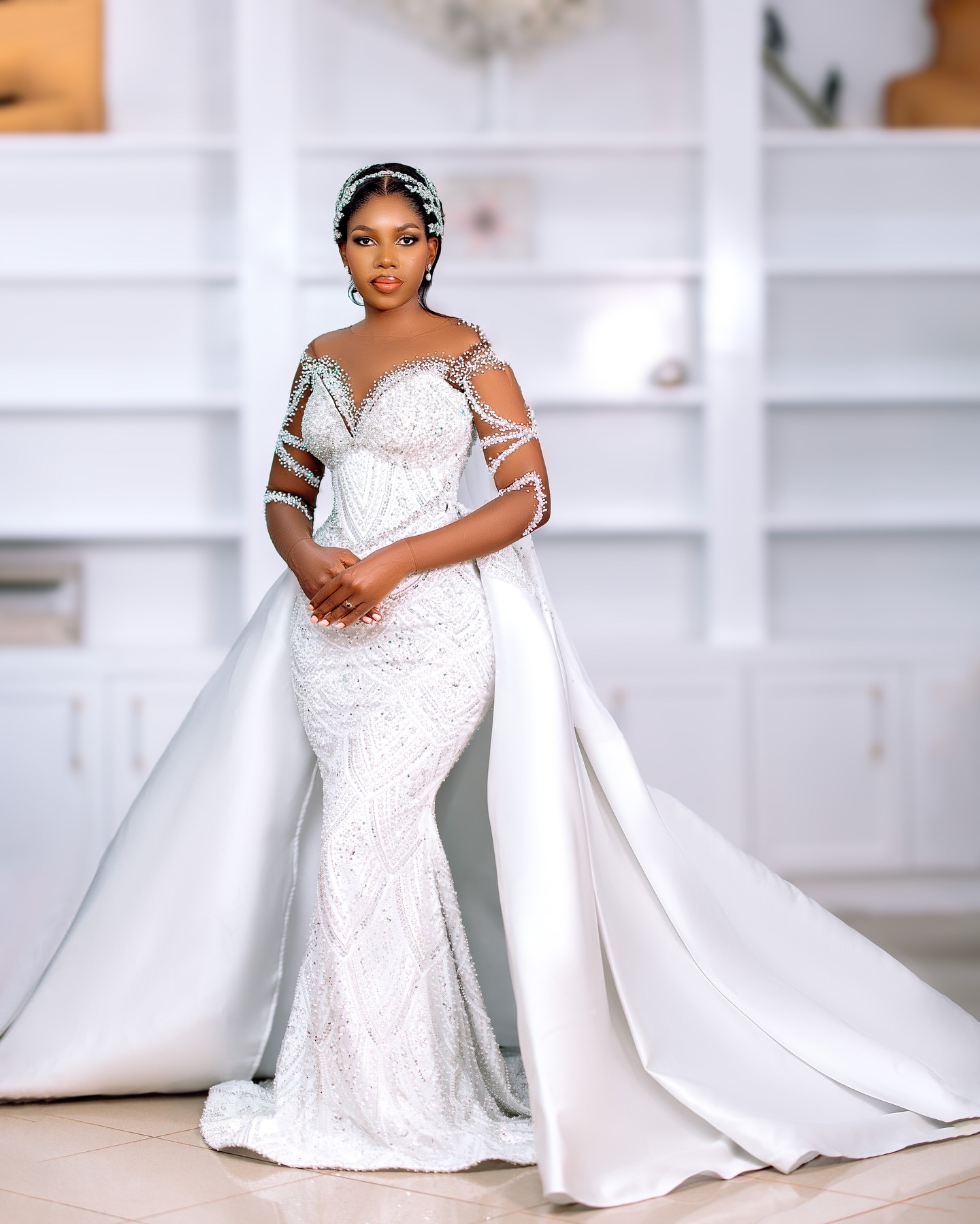 2024 Arabic Aso Ebi Plus Size Off White Mermaid Wedding Dresses Beaded Sheer Neck Satin Sequined Detachable Train Bridal Gowns Dress For Bride